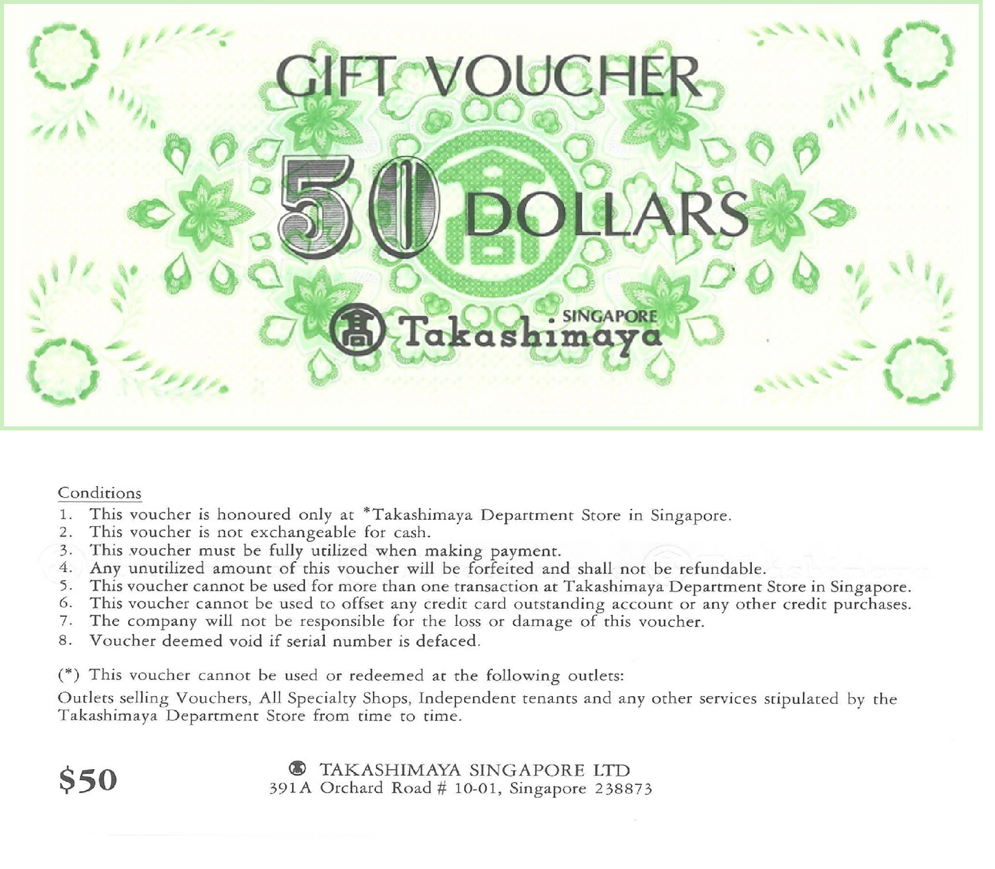 Takashimaya Vouchers - $50 & $10