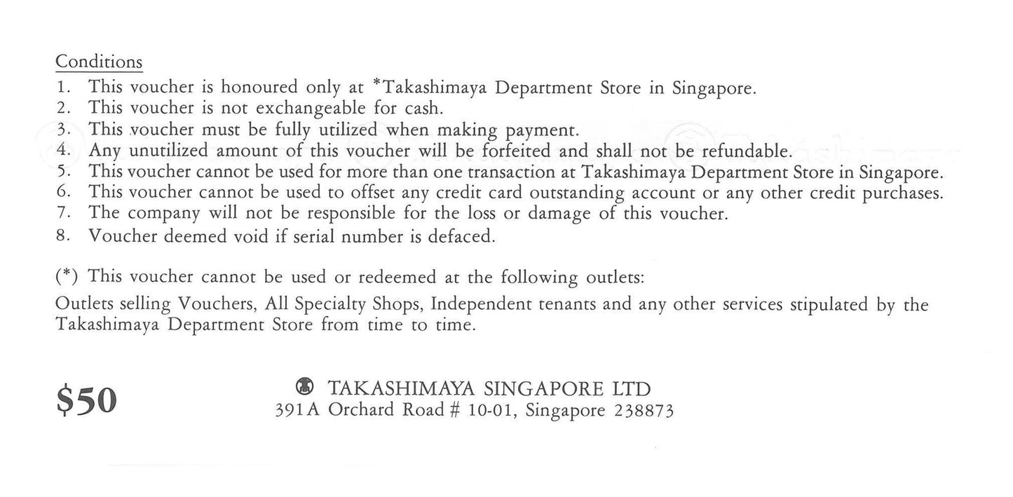 Takashimaya Vouchers - $50 & $10